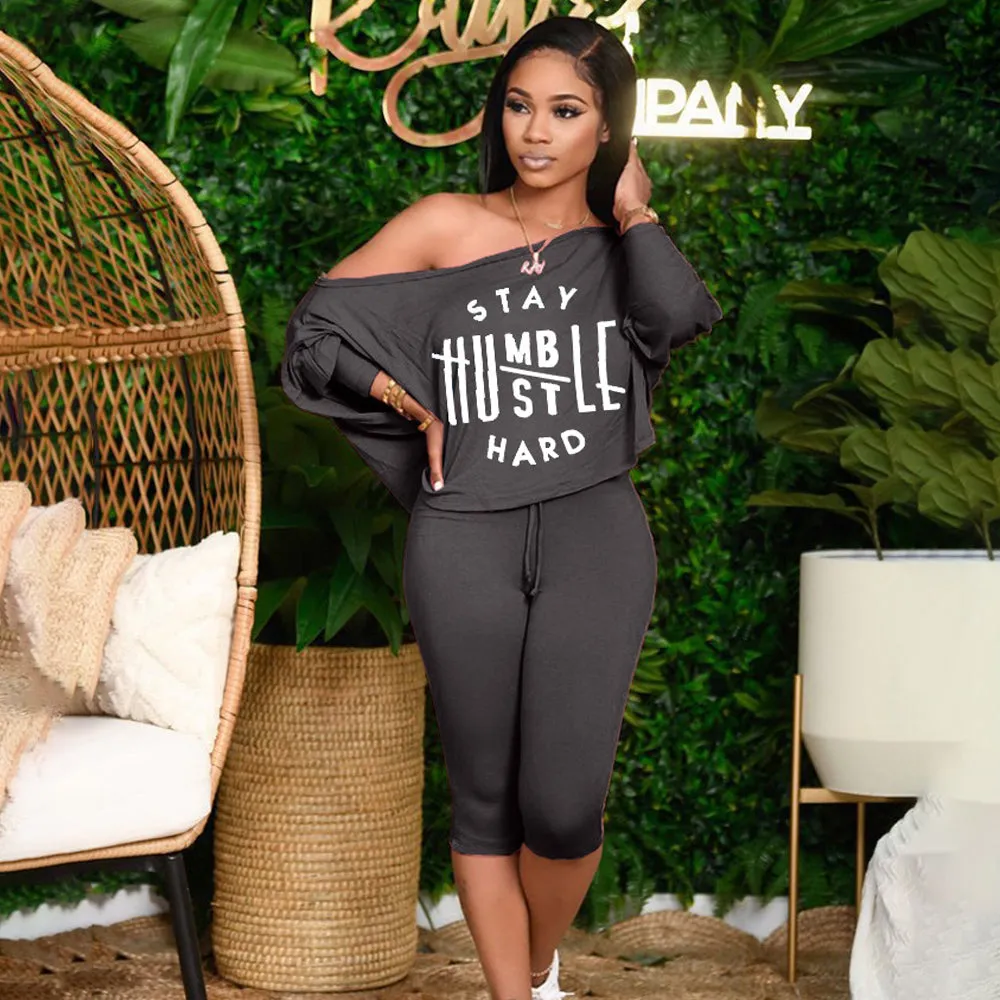 Batwing Sleeve Letter Print Pant Sets