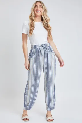 Blue Multi Missy Linen Jogger Pant With Pleated Hem