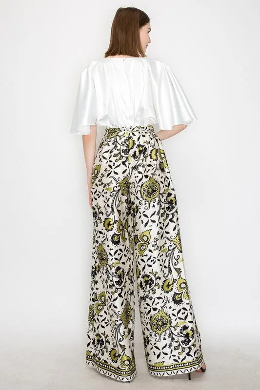 Green Multi Satin Floral Print High-Waisted Wide Pants