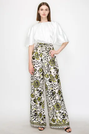 Green Multi Satin Floral Print High-Waisted Wide Pants