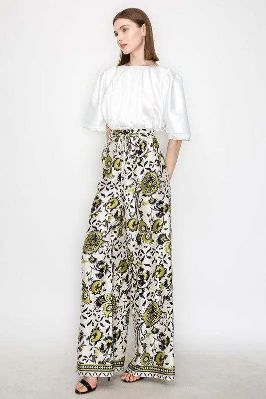 Green Multi Satin Floral Print High-Waisted Wide Pants