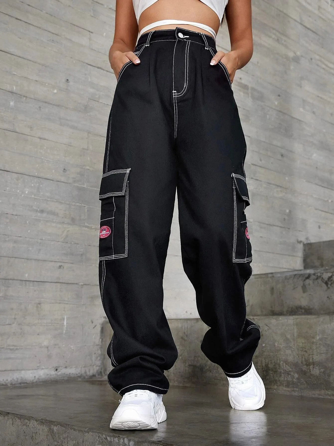Patched Detail Flap Pocket Jeans