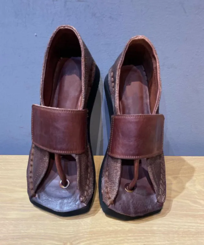 {Pre-Order Only in Summer}Chocolate Wedge Flip Flops Cowhide Leather Unique Splicing XC1042