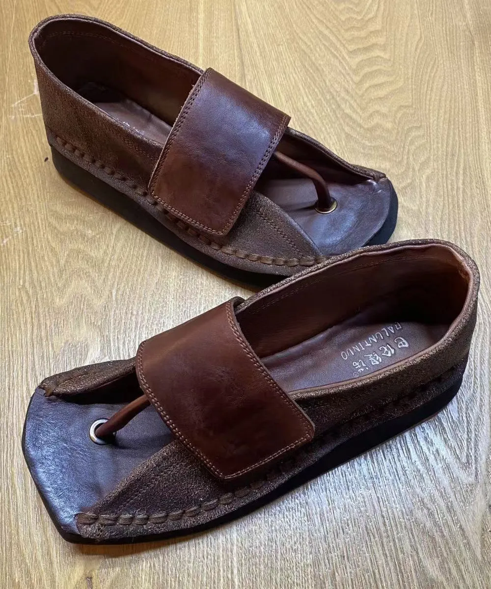 {Pre-Order Only in Summer}Chocolate Wedge Flip Flops Cowhide Leather Unique Splicing XC1042