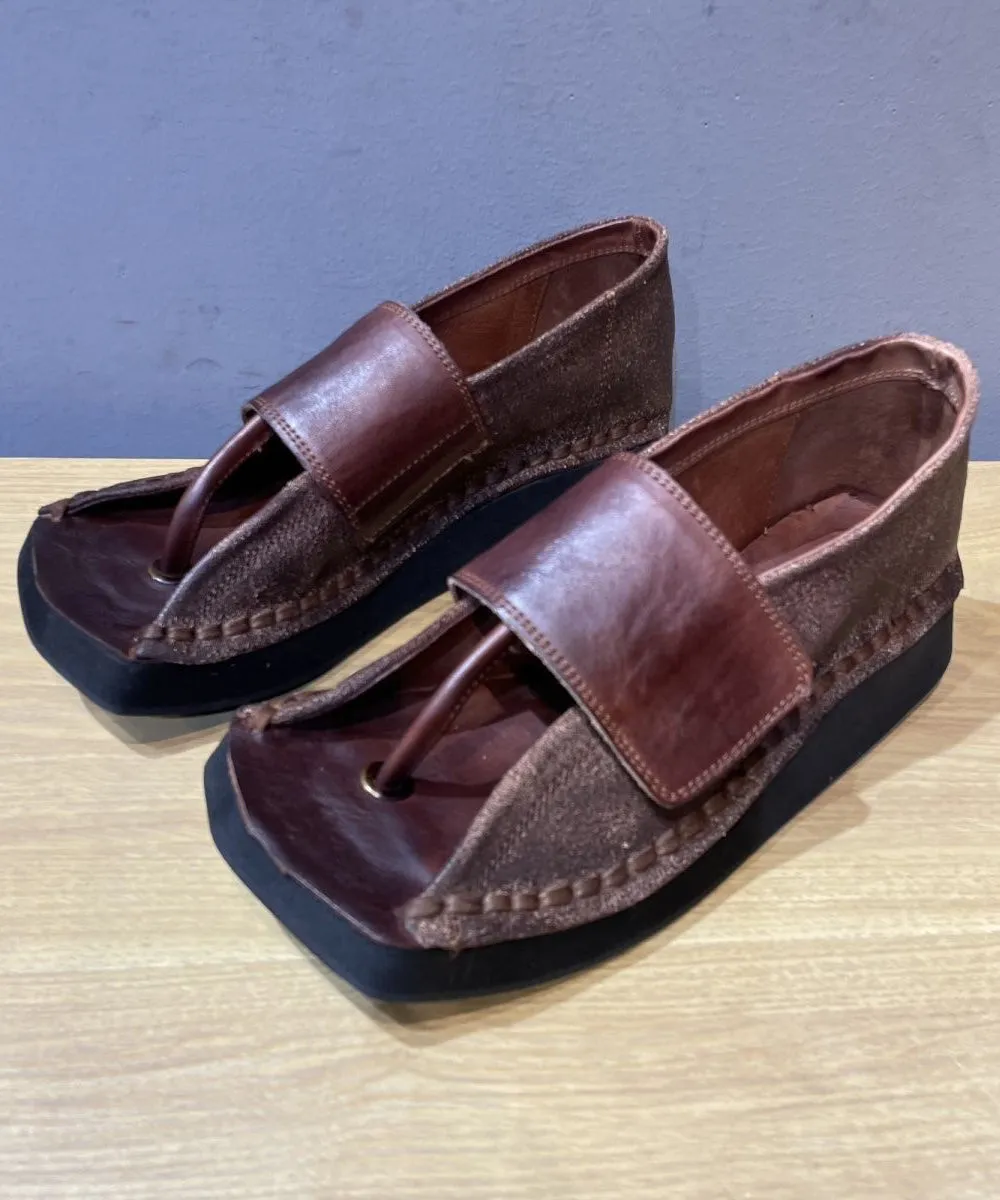 {Pre-Order Only in Summer}Chocolate Wedge Flip Flops Cowhide Leather Unique Splicing XC1042