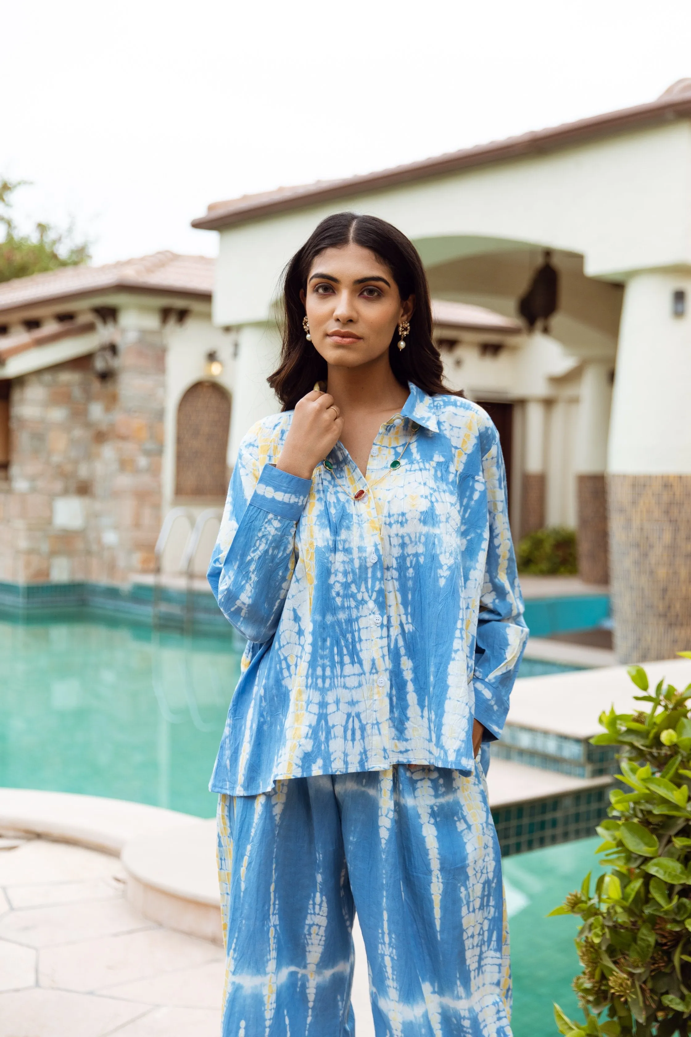 White blue tie dye cotton co-ord set