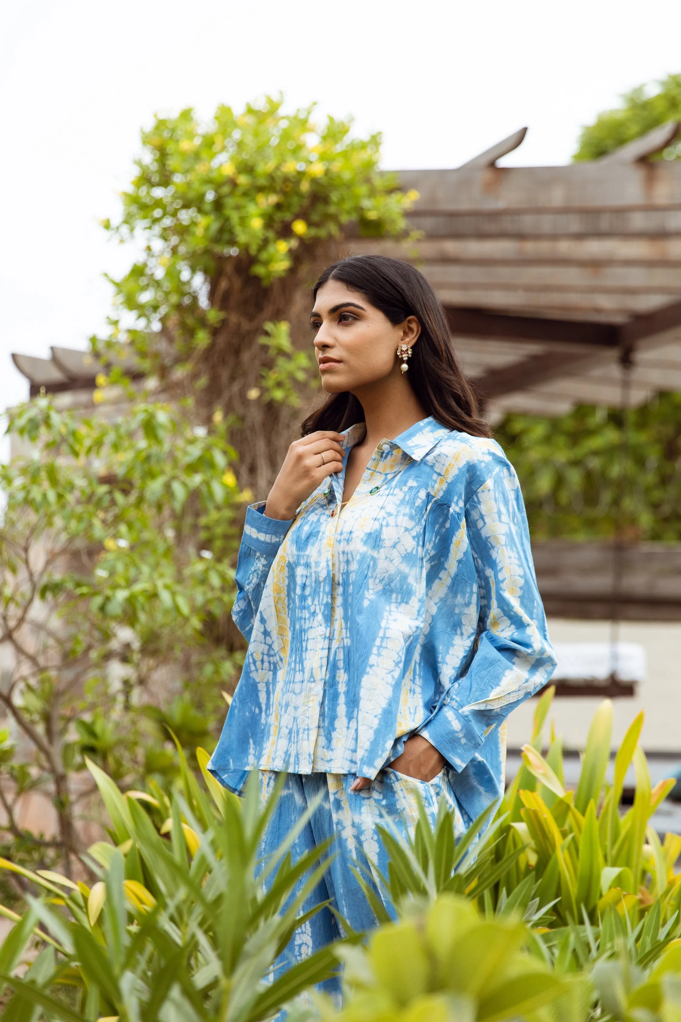 White blue tie dye cotton co-ord set